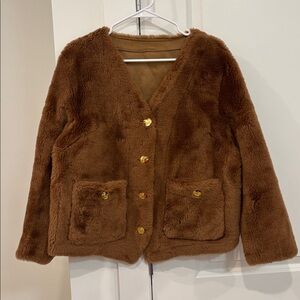 NWT Brown genuine shearling Teddy V neck Jacket with Gold Buttons